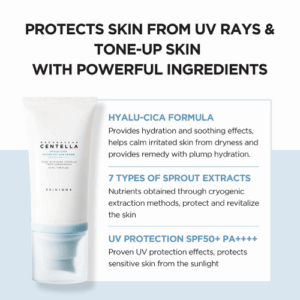 Daily skincare routine with SKIN1004 Centella sun serum on shelf