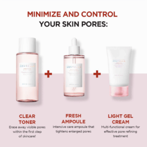 SKIN1004 gel cream next to toner and ampoule in poremizing line